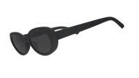 Black oversized round sunglasses with thick frames shown at three-quarter angle