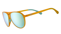 Orange aviator-style sunglasses with light blue mirrored lenses on transparent background