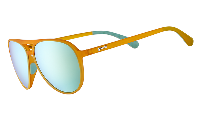 Orange aviator-style sunglasses with light blue mirrored lenses on transparent background