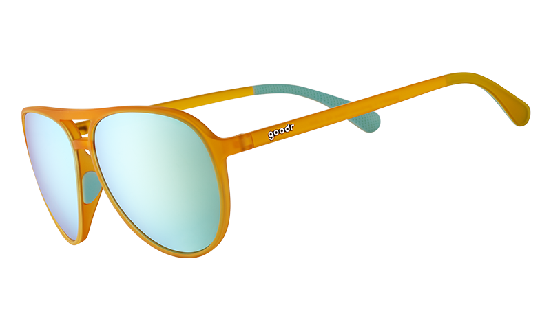 Orange aviator-style sunglasses with light blue mirrored lenses on transparent background