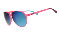 Pink aviator sunglasses with blue gradient lenses and colorful temple arms, side view