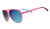 Pink aviator sunglasses with blue gradient lenses and colorful temple arms, side view