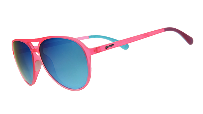 Pink aviator sunglasses with blue gradient lenses and colorful temple arms, side view