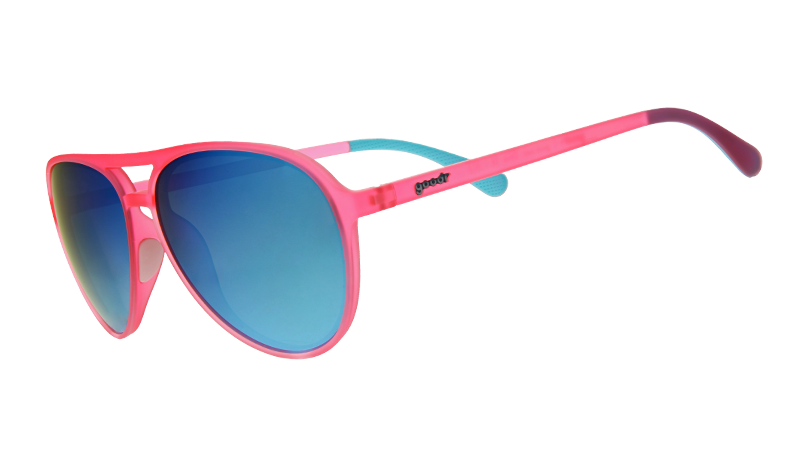Pink aviator sunglasses with blue gradient lenses and colorful temple arms, side view