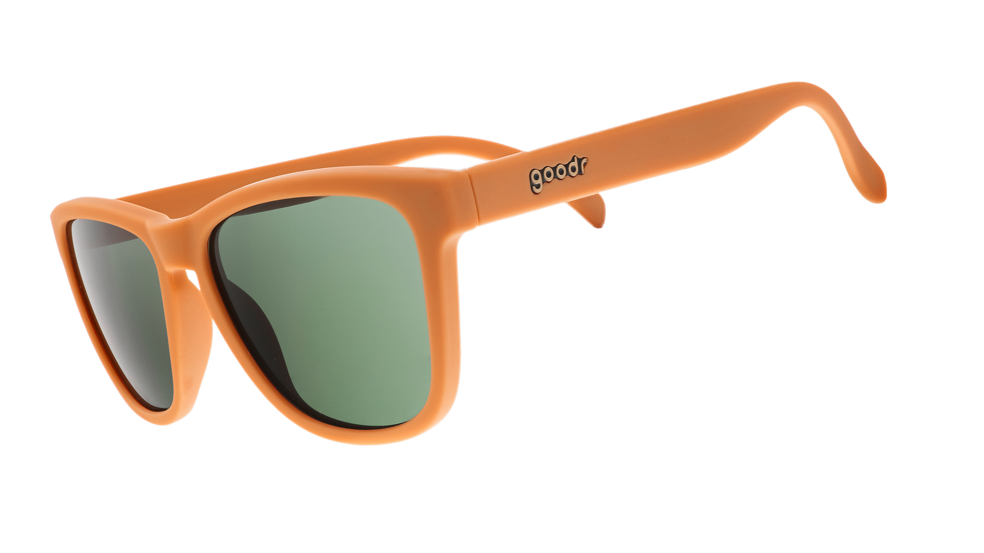 Orange-brown sunglasses with green lenses shown in side profile view