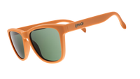 Orange-brown sunglasses with green lenses shown in side profile view