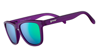 Purple sunglasses with wavy temples and blue-green mirrored lenses, side angle view