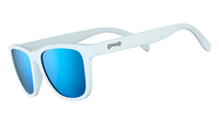 Light blue sunglasses with blue polarized lenses shown from side angle on transparent background