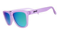 Purple translucent sunglasses with blue-green mirrored lenses shown from side angle