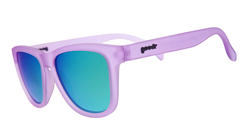 Purple translucent sunglasses with blue-green mirrored lenses shown from side angle