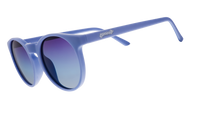 Round oversized sunglasses in periwinkle blue frame with gradient purple-blue lenses, side angle view