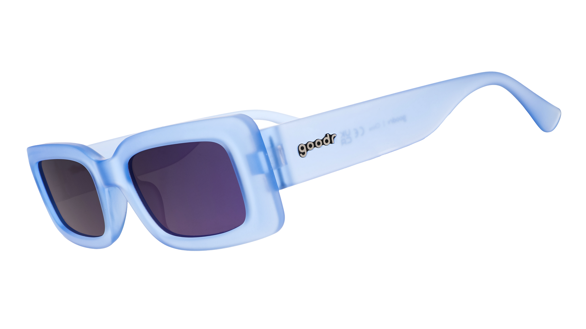 Light blue translucent sunglasses with dark gradient lenses shown in side profile view