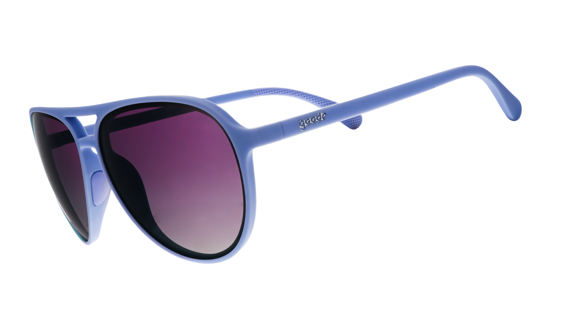 Light blue aviator-style sunglasses with gradient purple lenses, side angle view