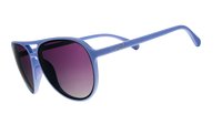 Light blue aviator-style sunglasses with gradient purple lenses, side angle view