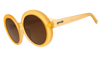 Round oversized sunglasses with golden yellow frames and brown gradient lenses, side angle view
