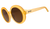 Round oversized sunglasses with golden yellow frames and brown gradient lenses, side angle view