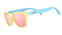 Yellow and blue sunglasses with pink mirrored lenses shown from side angle