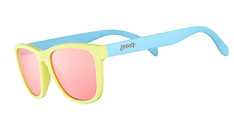 Yellow and blue sunglasses with pink mirrored lenses shown from side angle