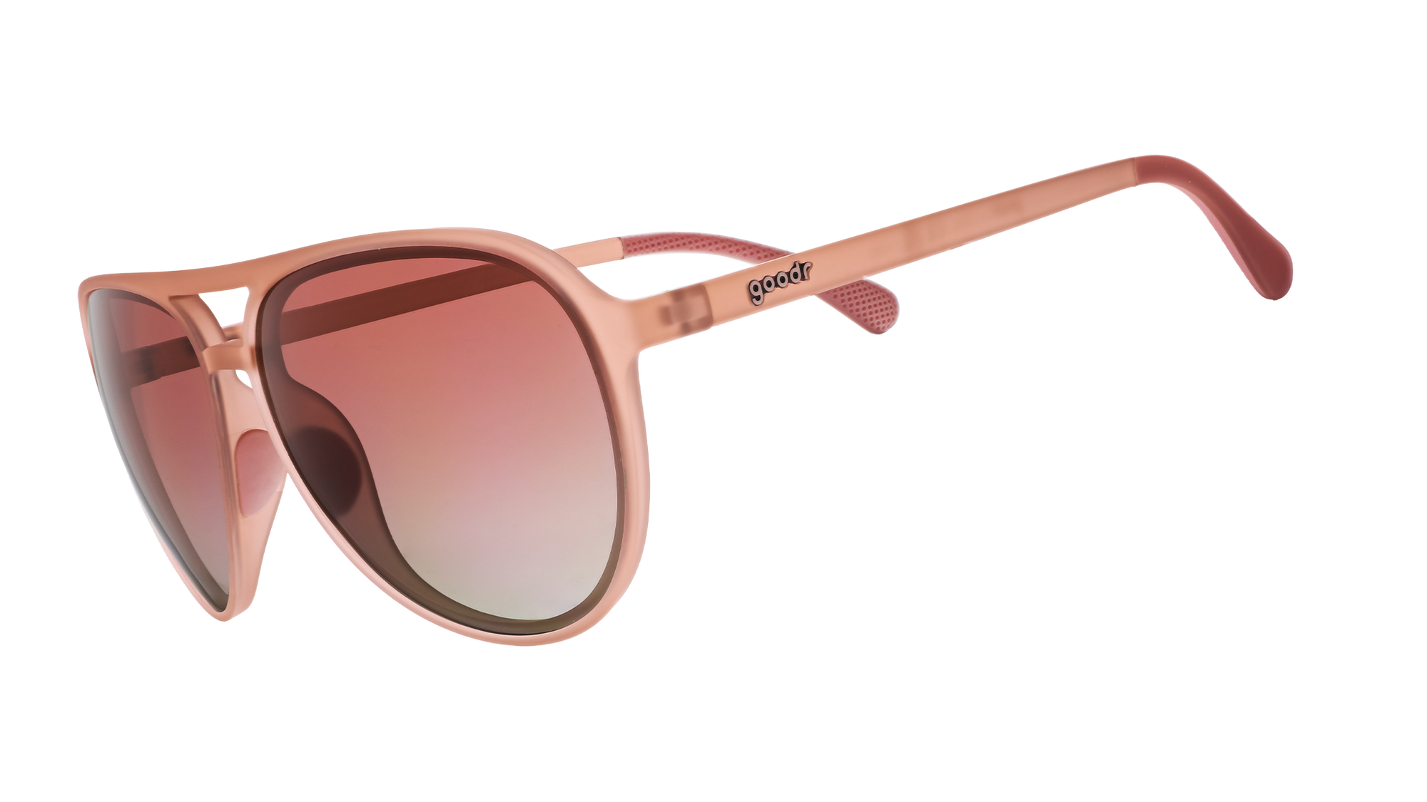 Pink aviator-style sunglasses with gradient lenses shown in side profile view