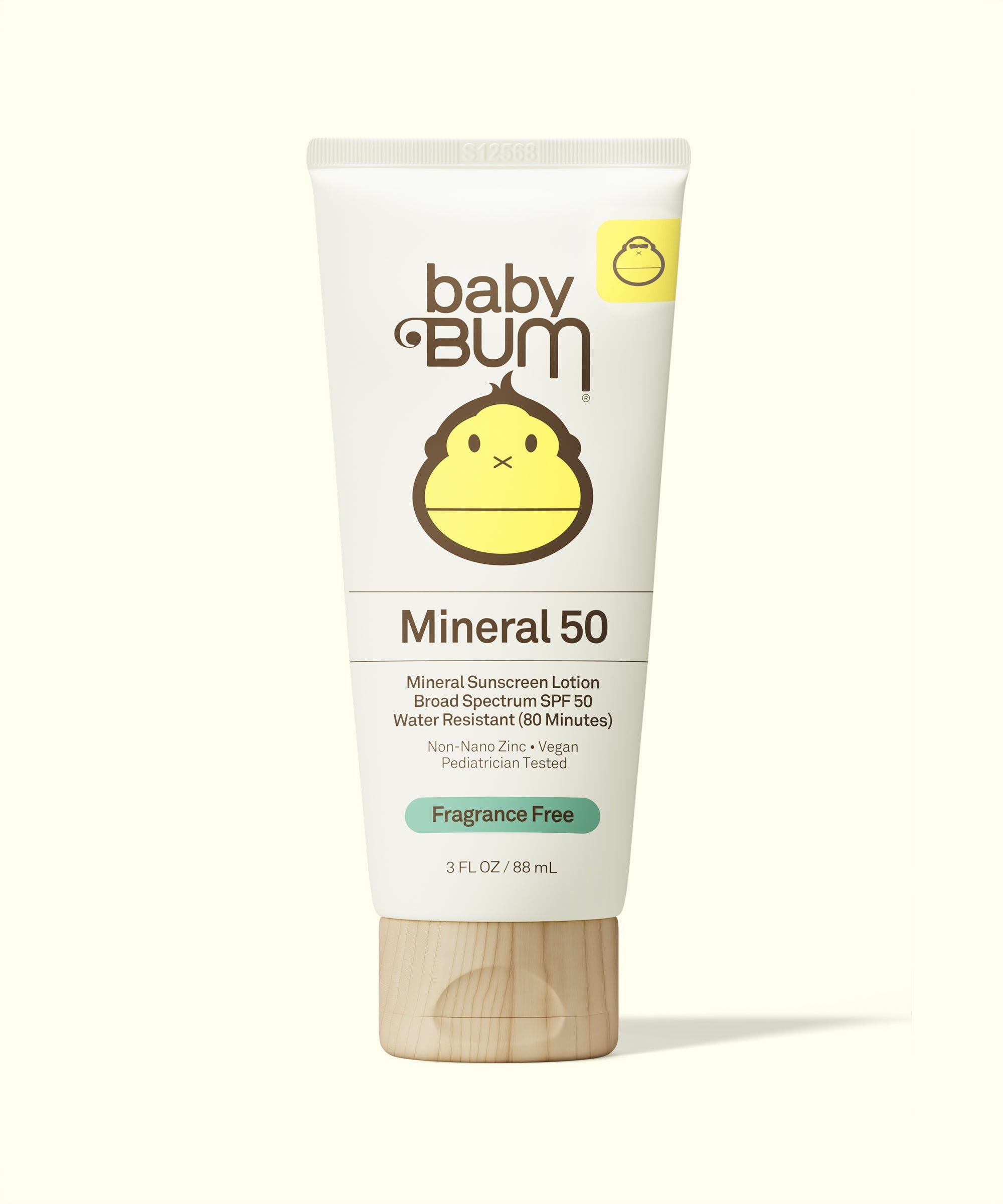 White mineral sunscreen lotion tube with wooden cap, SPF 50 protection, front view