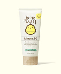 White mineral sunscreen lotion tube with wooden cap, SPF 50 protection, front view