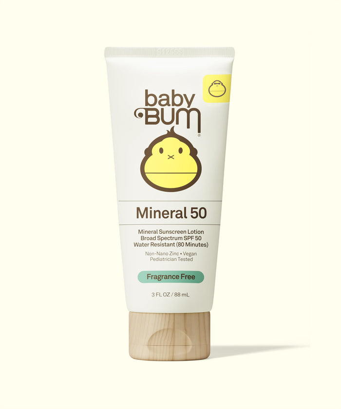 White mineral sunscreen lotion tube with wooden cap, SPF 50 protection, front view