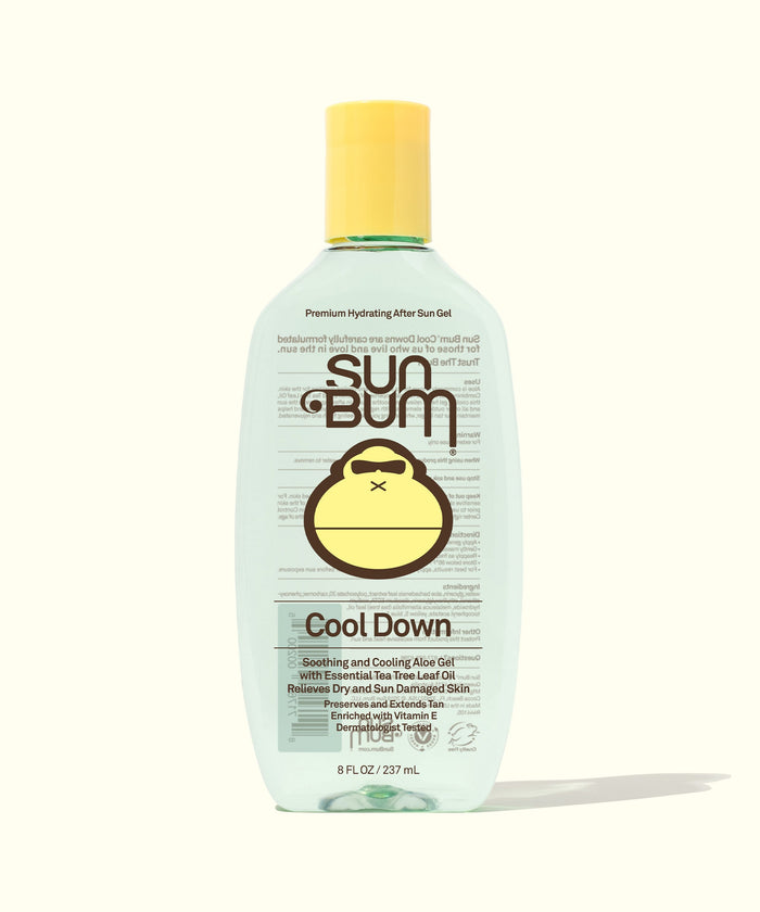 Clear gel bottle with yellow cap showing cooling after-sun product with aloe