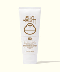 White tube of mineral sunscreen lotion with SPF 50 protection, front view