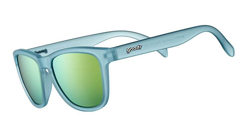 Translucent blue sunglasses with green-yellow mirrored lenses shown from side angle