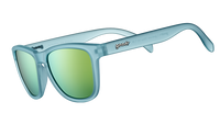 Translucent blue sunglasses with green-yellow mirrored lenses shown in side profile view