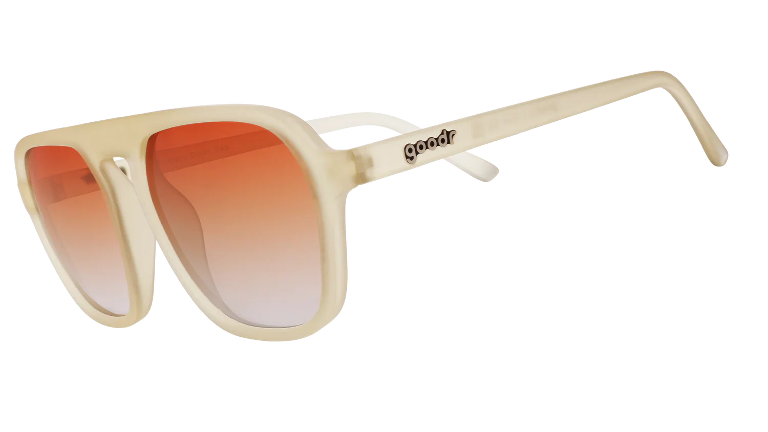 Cream-colored sunglasses with orange gradient lenses shown at three-quarter angle