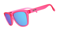 Pink sunglasses with blue mirrored lenses shown in side profile view