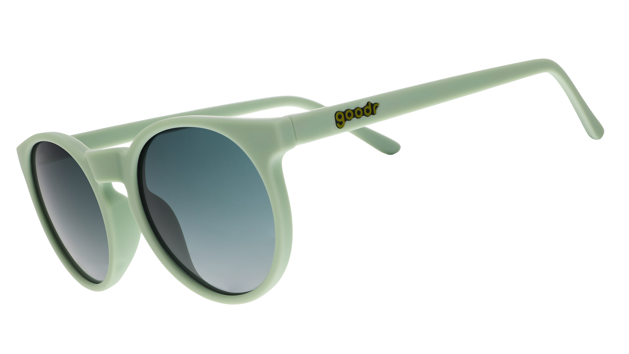 Light green round-frame sunglasses with gradient lenses shown at three-quarter angle