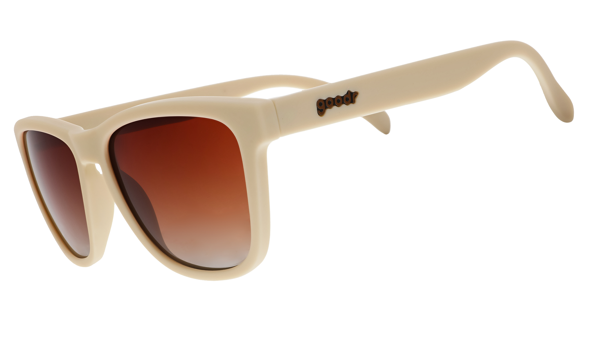 Cream colored oversized sunglasses with brown gradient lenses shown from side angle