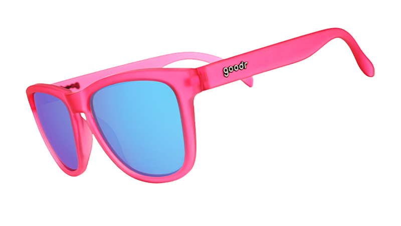 Pink sunglasses with blue mirrored lenses shown in side profile view