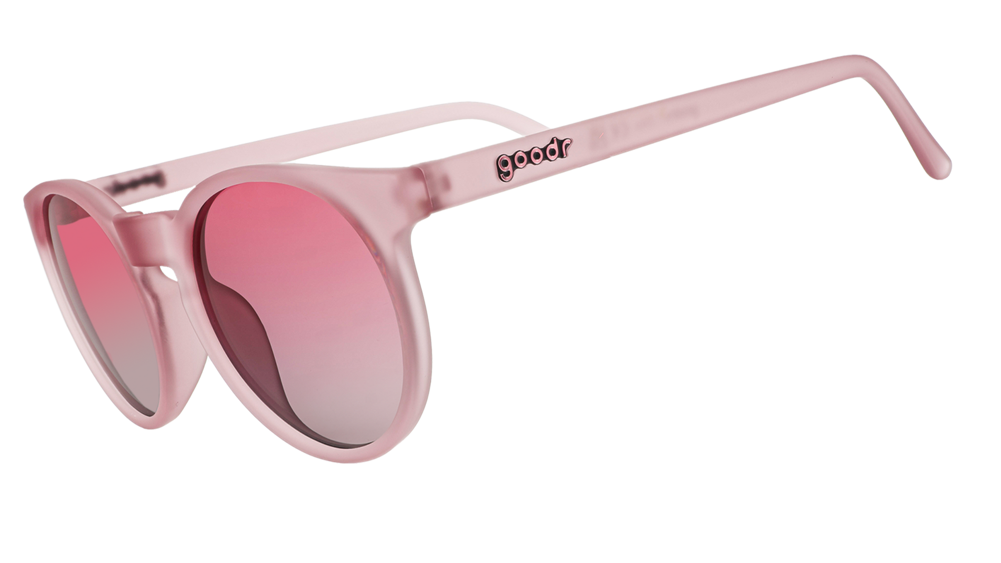 Round translucent pink sunglasses with gradient lenses shown at three-quarter angle