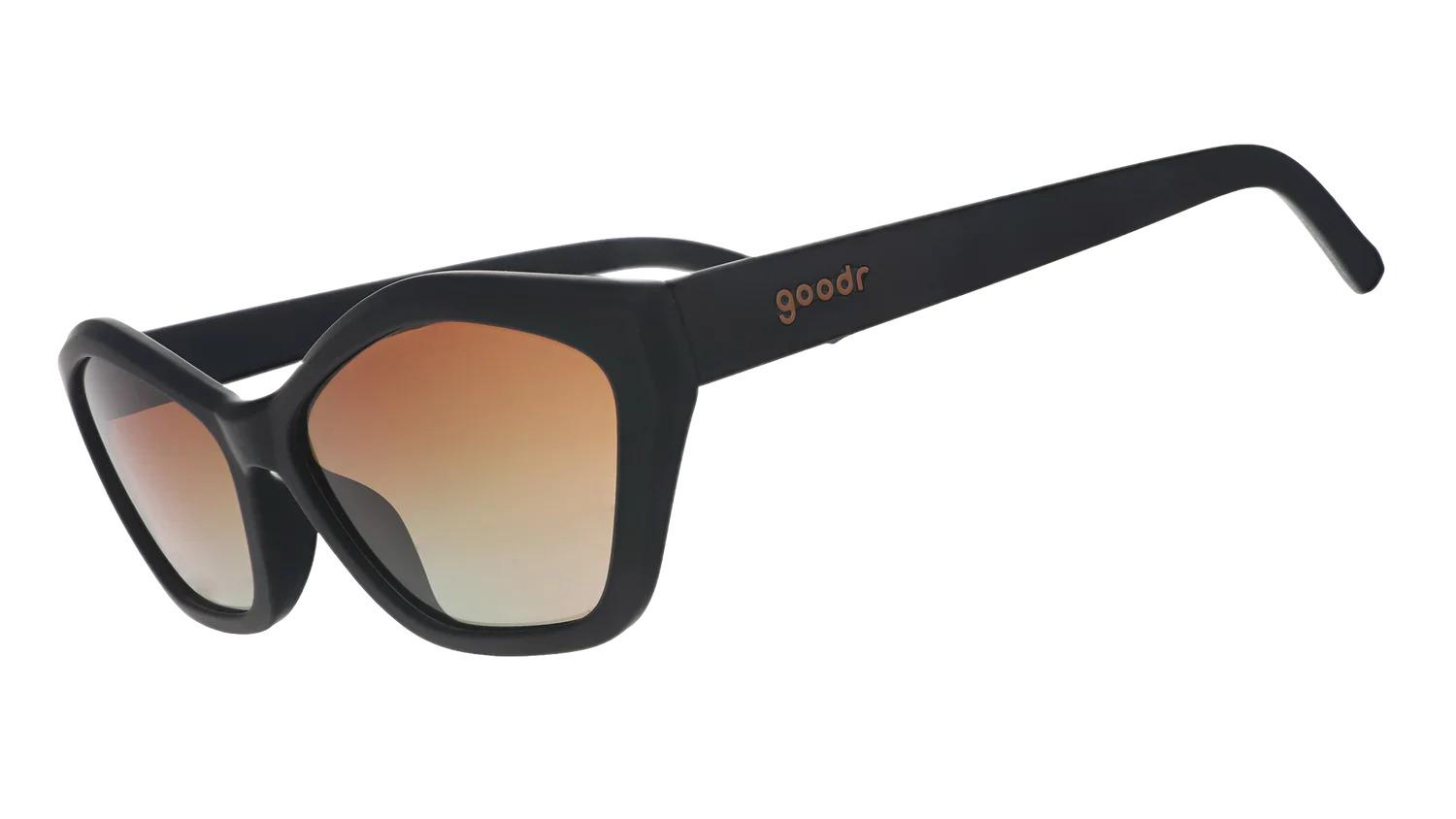 Black framed sunglasses with gradient brown lenses shown from side angle