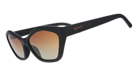 Black framed sunglasses with gradient brown lenses shown from side angle