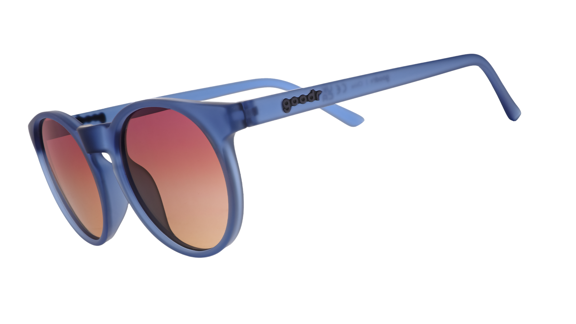 Round sunglasses with blue tortoiseshell frames and gradient orange-brown lenses, side angle view