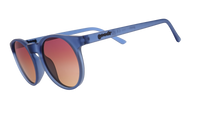 Round sunglasses with blue tortoiseshell frames and gradient orange-brown lenses, side angle view