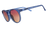 Round sunglasses with blue tortoiseshell frames and gradient orange-brown lenses, side angle view