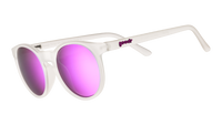 Clear frame sunglasses with purple mirrored lenses shown at three-quarter angle