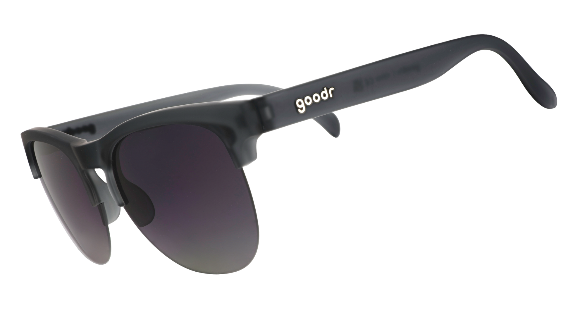 Gray semi-rimless sunglasses with gradient purple lenses shown from side angle