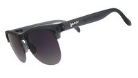 Gray semi-rimless sunglasses with gradient purple lenses shown from side angle