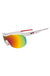 White athletic sunglasses with wraparound rainbow gradient mirrored lens, side view