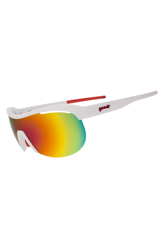 White athletic sunglasses with wraparound rainbow gradient mirrored lens, side view