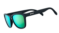 Black framed sunglasses with green mirrored lenses shown at side angle