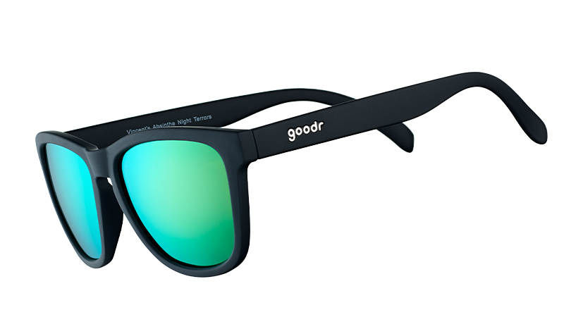 Black framed sunglasses with green mirrored lenses shown at side angle