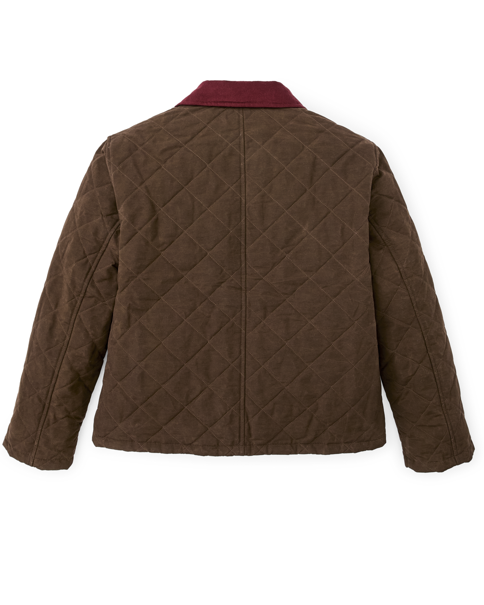 Quilted diamond-pattern jacket back view with burgundy collar, long sleeves, dark brown