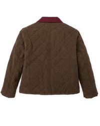 Quilted diamond-pattern jacket back view with burgundy collar, long sleeves, dark brown